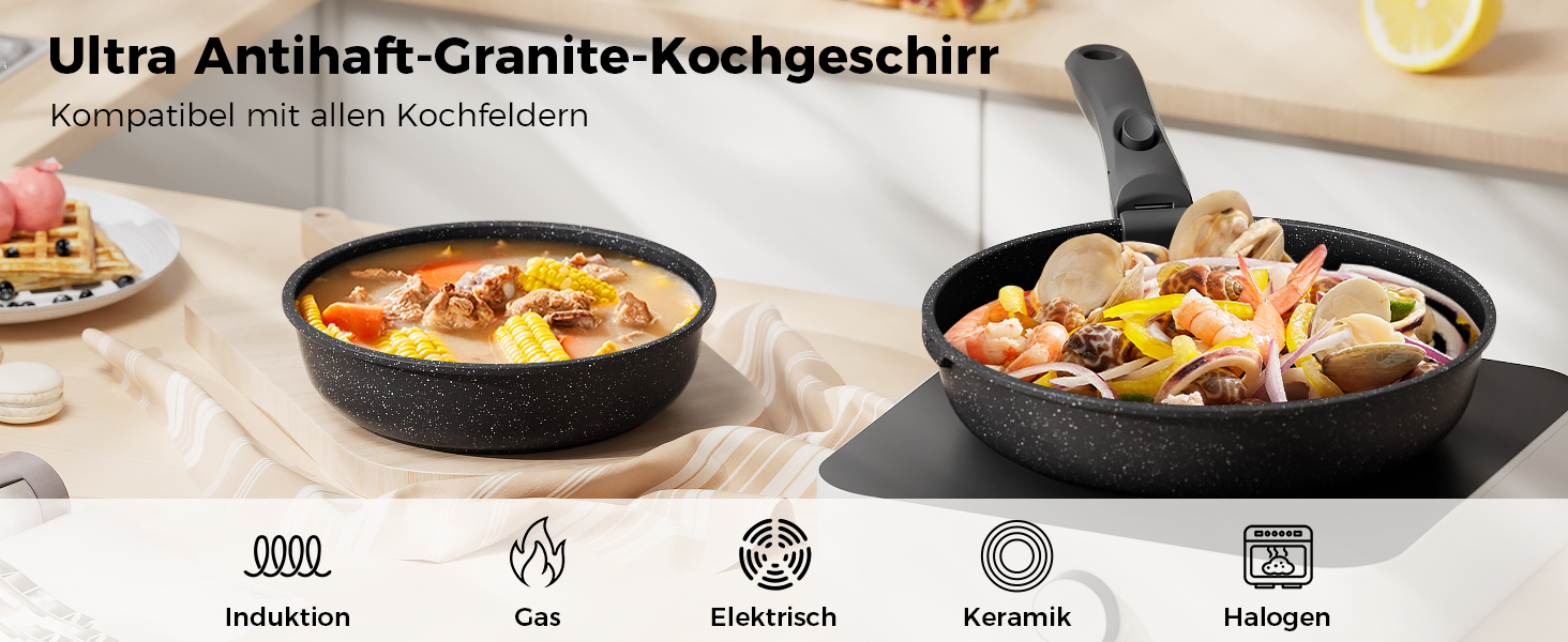 Набір каструль YASHE 20 предметів з антипригарним покриттям, знімні ручки, для індукційних плит, сумісний з духовкою до 230°C, можна мити в посудомийній машині, стійкий, ідеальний для сімей, сірий