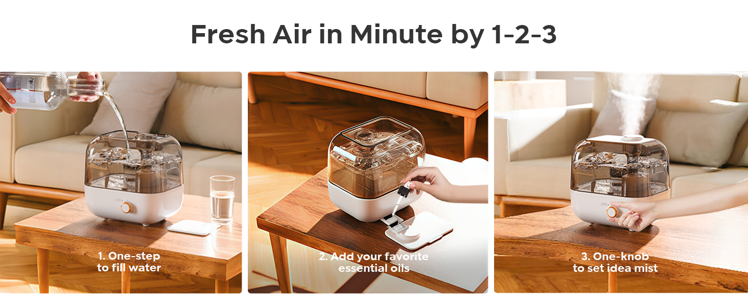 Зволожувач повітря BEAR 5L з верхнім наповненням, 360° регульована насадка, ультразвуковий, 28dB, для дітей та рослин, 35 годин роботи, з підсвічуванням, автовимкнення, білий