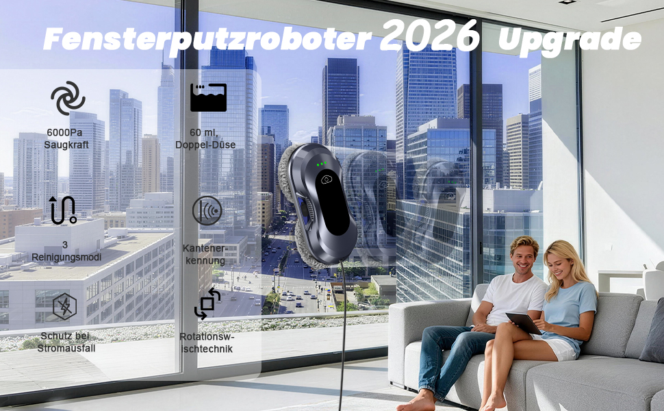 Робот для миття вікон Fensterputzroboter 6000Pa, електричний, з подвійною спіраллю, 3 режими, інтелектуальна навігація, розпізнавання країв, 10 серветок