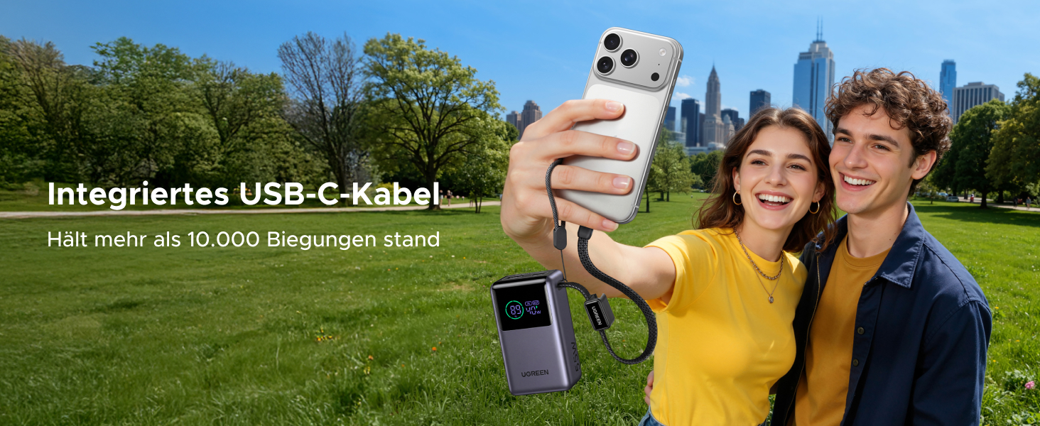 Power Bank UGREEN 10000mAh 55W з вбудованим кабелем, PD 45W, Mi Turbo Charge для Xiaomi, сумісний з iPhone 15/16/17 (Сірий)