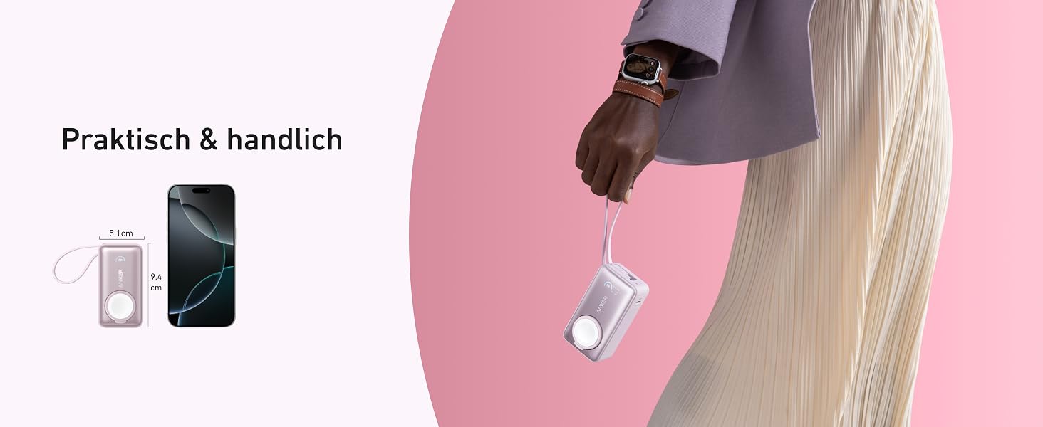 Повербанк Anker MagGo 10000mAh для Apple Watch та iPhone 17/16/15, Samsung, iPad, AirPods, вбудований кабель USB-C, 35W Max, сертифікований, Рожевий
