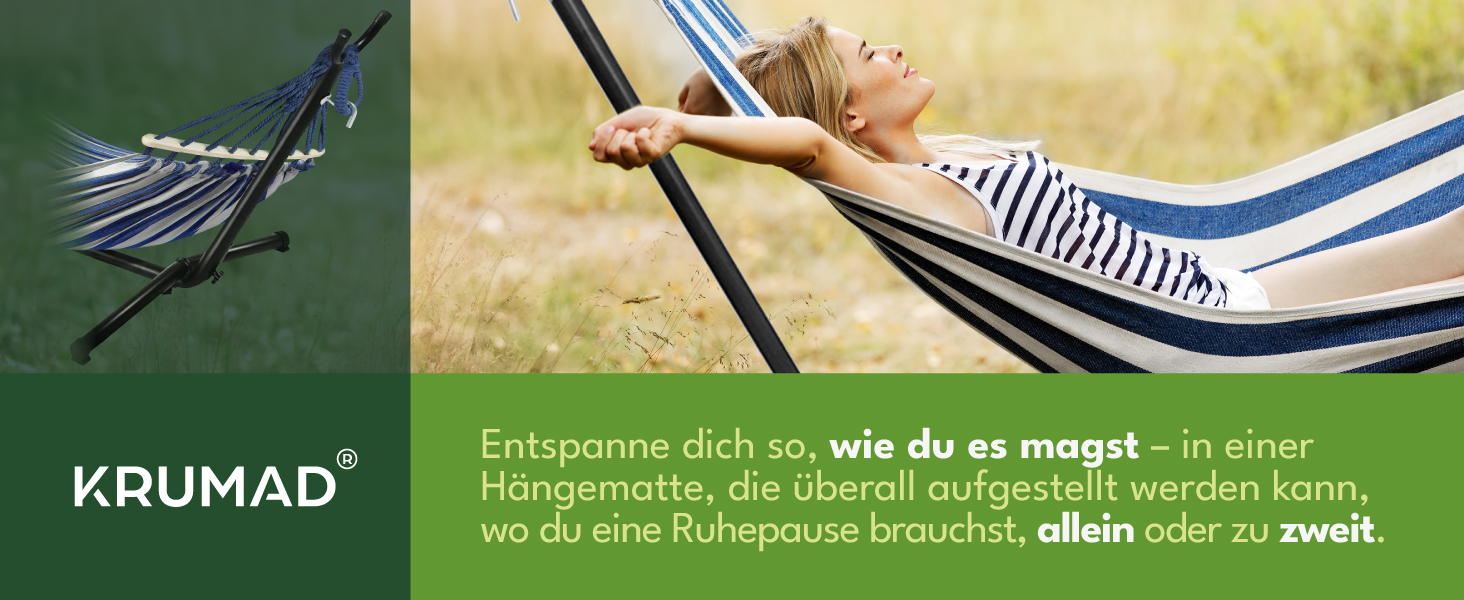 Гамак KRUMAD 260 см, до 250 кг, вуличний, бавовна-поліестер, з дерев'яними розпірками та сумкою (синьо-білий, з каркасом)