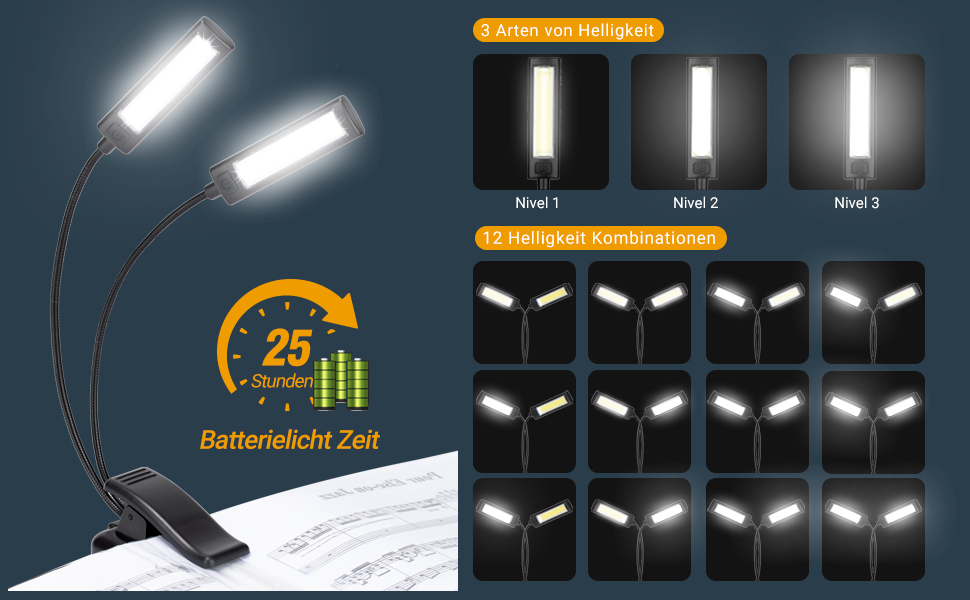 LED лампа для нотного пюльту Cahaya з 3 режимами яскравості, USB-кабель, регульована, сучасний дизайн