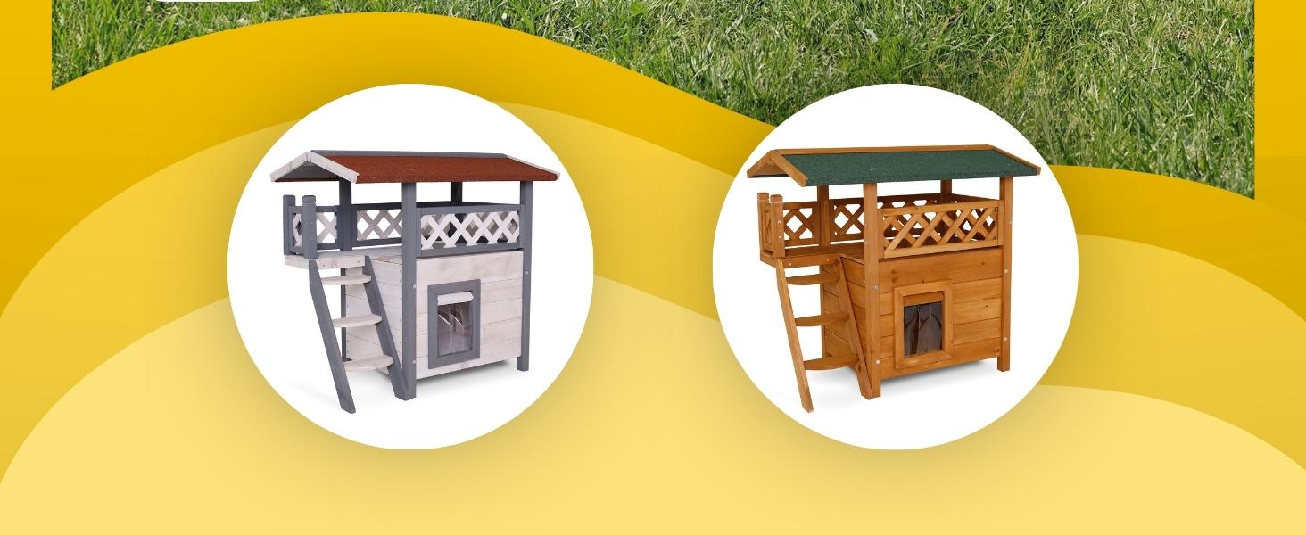 Кішковий будиночок Lionto з терасою та сходами, вуличний, сірий/білий, 77x50x73 см