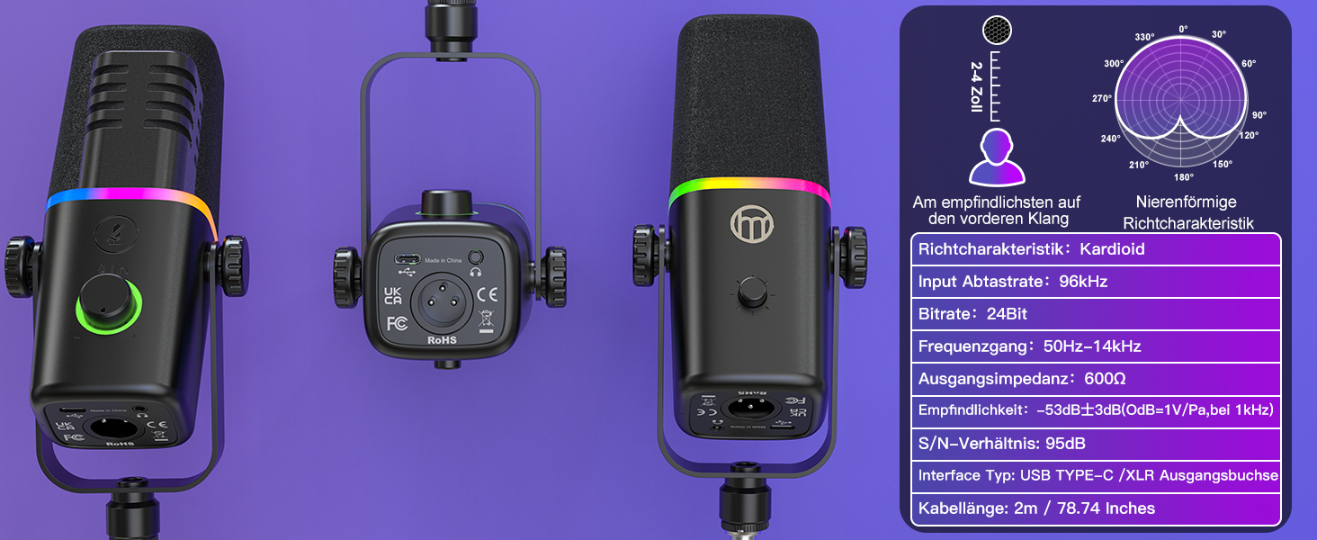 Мікрофон ZealSound XLR/USB для подкастів з RGB підсвічуванням та регулятором гучності | Для студії, стрімінгу, YouTube, геймінгу | Сумісний з PC, Mac, PS4-5, мікшером KD8S
