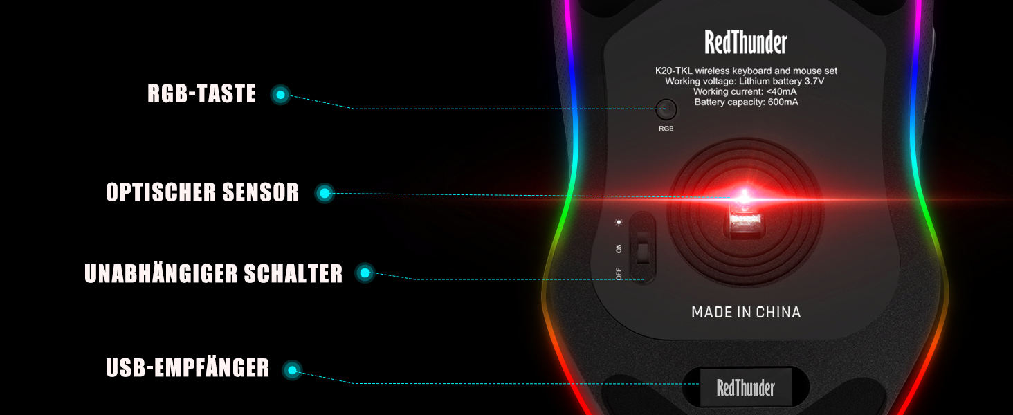 Бездротовий комплект клавіатури та миші RedThunder 75% QWERTZ RGB з підсвічуванням, для ПК Xbox PS5, чорний. Підтримка мультимедійних функцій та оптичний сенсор 7D.