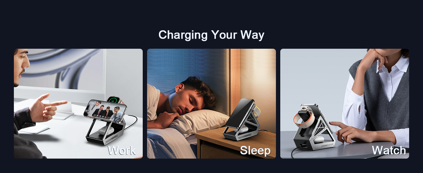 Зарядний пристрій NANAMI 3-в-1 MagSafe: для iPhone 17, 15, 14, 13, 12, Apple Watch, AirPods. Чорний, 15W, Qi2, MagSafe