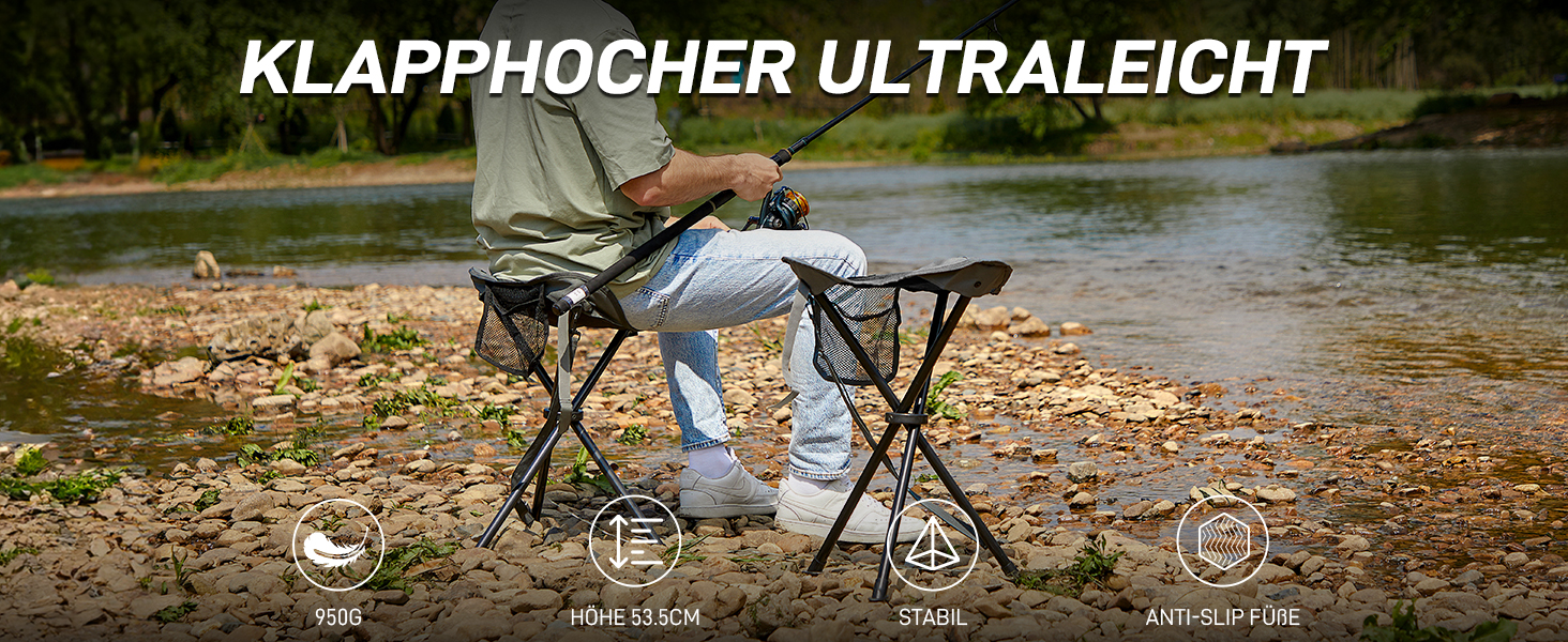 Складаний табурет EVER ADVANCED для кемпінгу, риболовлі та походів. Легкий, міцний (102 кг), з кишенею, чорно-сірий