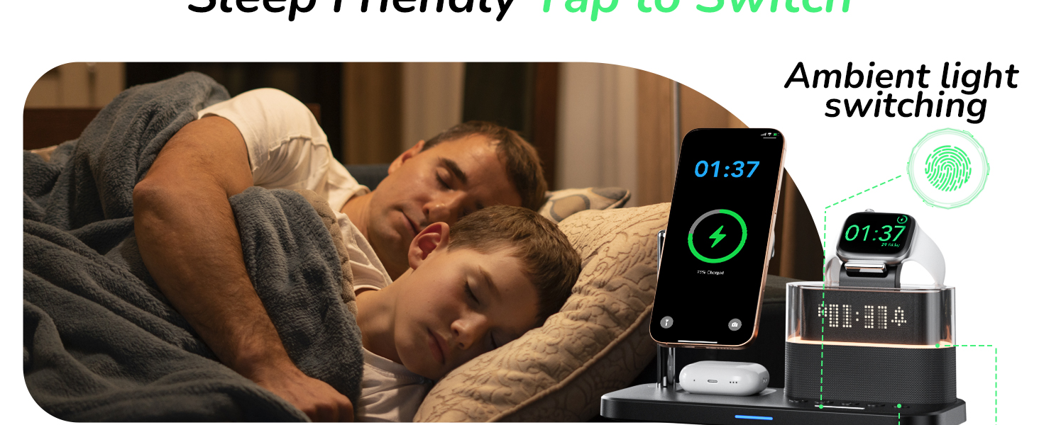 Багатофункціональна бездротова зарядка 5 в 1 з годинником для Apple iPhone, Apple Watch, AirPods (біла)