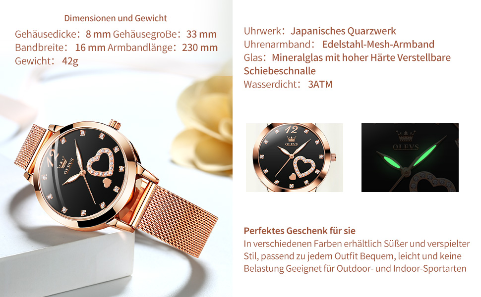Годинник жіночий OLEVS Roségold: стильні годинники з нержавіючої сталі з діамантовим серцем, водонепроникні, ультратонкі, аналоговий годинник з сітчатим ремінцем, чорний циферблат, рожеве золото