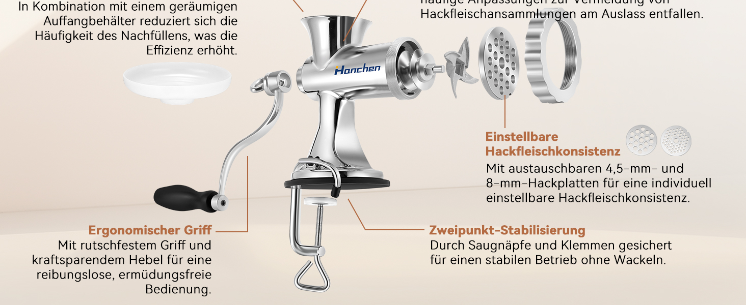 М'ясорубка ручна Hanchen з нержавіючої сталі з присоскою, насадкою для ковбас, 2 дисками та шреддером для овочів - посудомийна