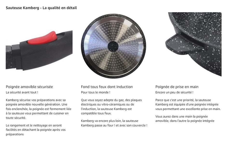 Kamberg Гриль-сковорода 24x24 см з антипригарним покриттям під камінь, знімною ручкою, алюмінієвий литий метал, для всіх плит (індукція), без PFOA