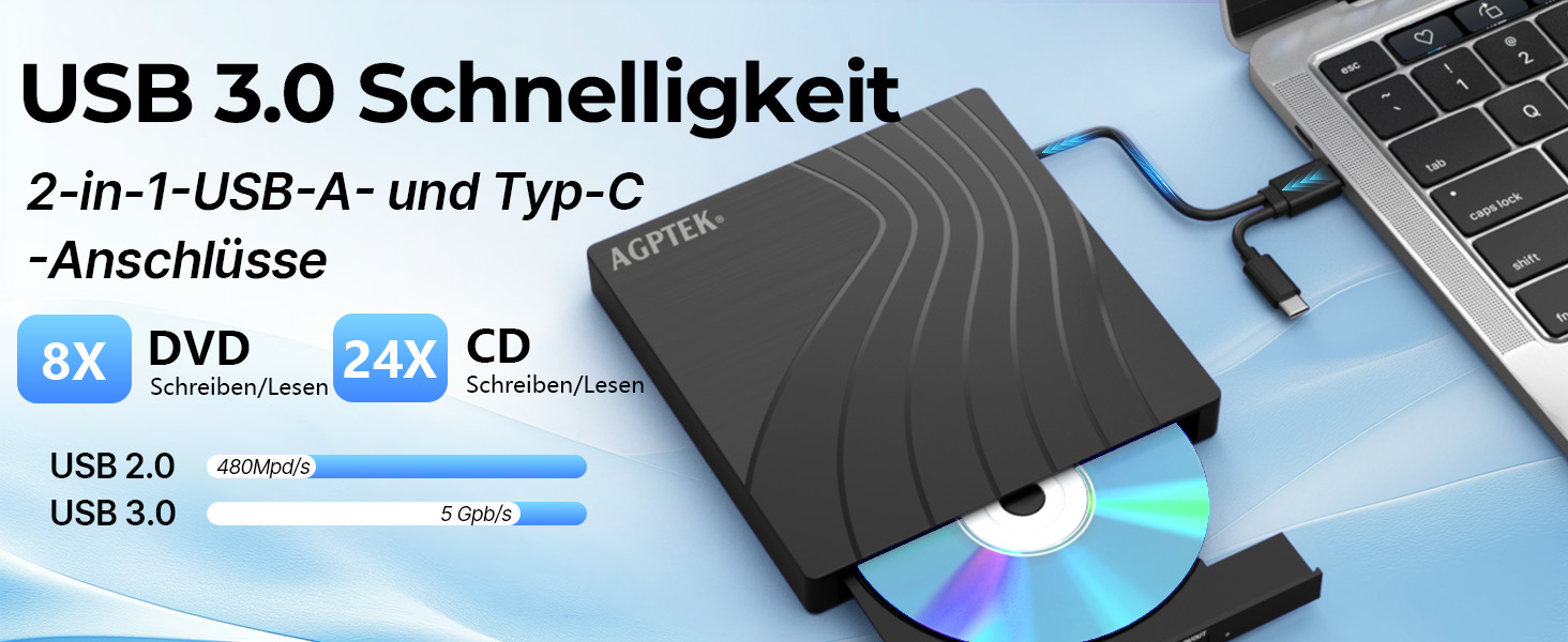 Зовнішній DVD-накопичувач AGPTEK USB 3.0 Slim CD/DVD-брунер з картридером TF/SD для ноутбука, MacBook, Windows, Linux, Mac OS