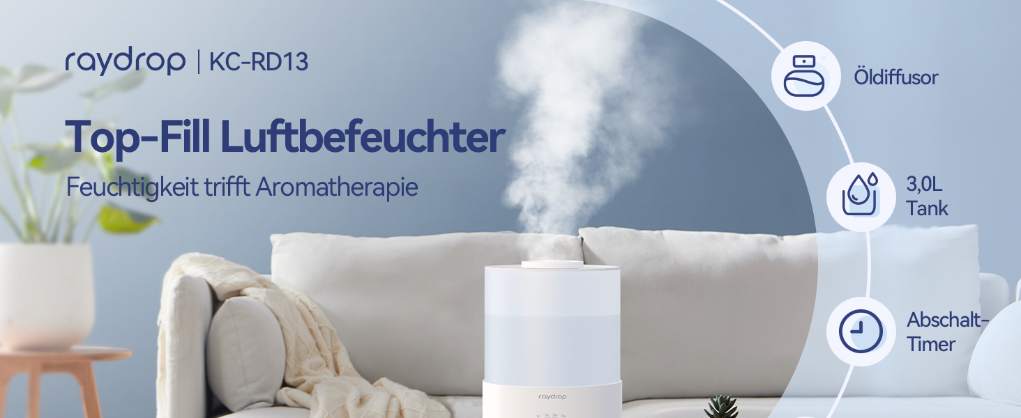 Ультразвуковий зволожувач повітря Raydrop 3L з аромадифузором та LED-підсвіткою, для спальні, дитячої кімнати та великих приміщень