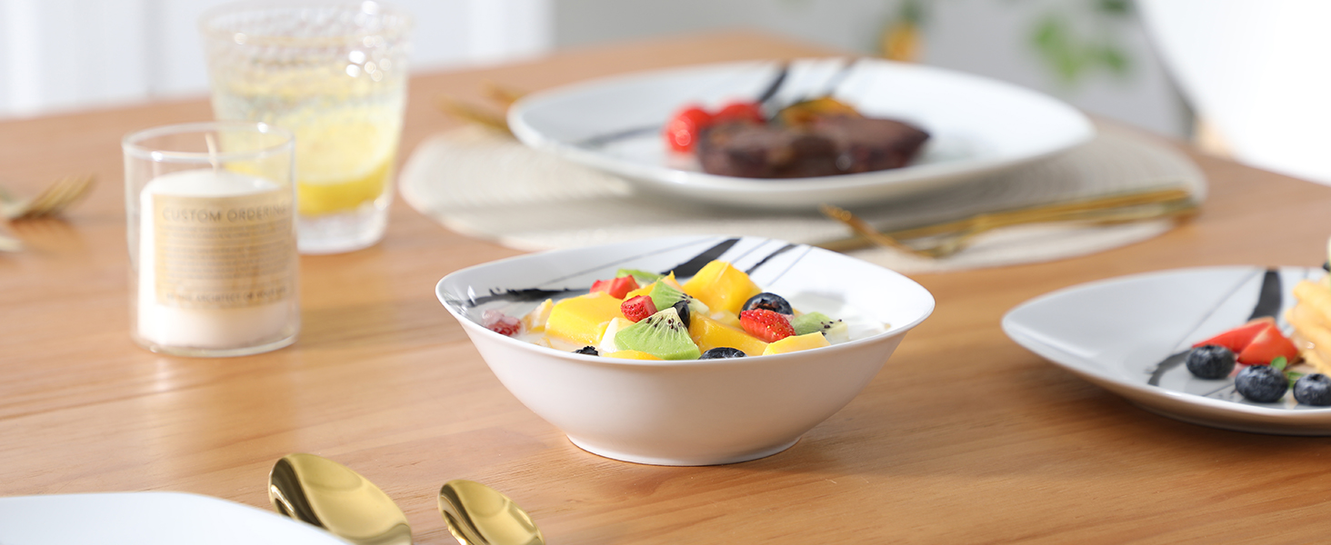 VEWEET Набір посуду з порцеляни для 4 осіб (24 елементи), серія FIONA: чорно-сірий декор, 12 елементів (тарілки та миски), підходить для щоденного використання, миється в посудомийній машині та розігрівається в мікрохвильовці