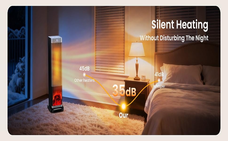 Електрична теплова гармата з пультом керування 2000W, 23 дюйми, 70° осциляція, 3D-полум'я, LED-дисплей, ECO-режим, таймер 12 годин - для дому, колір сріблястий