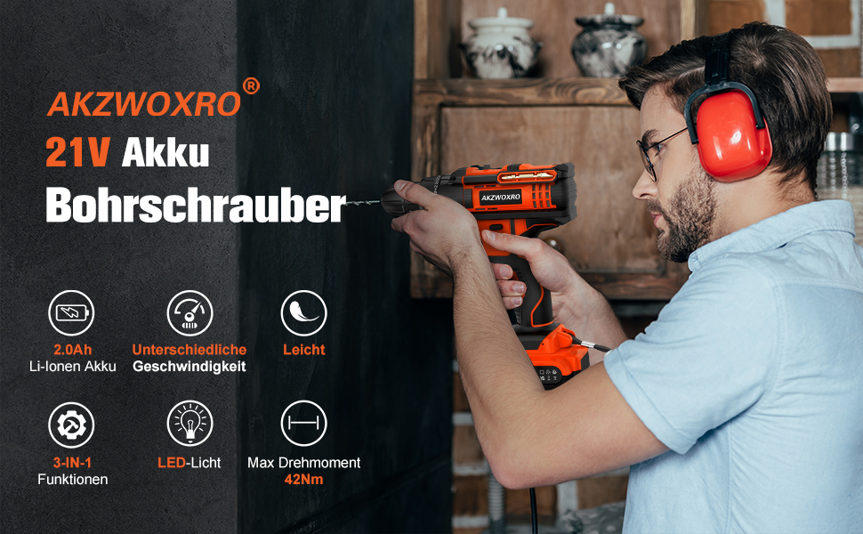 Акумуляторний шуруповерт AKZWOXRO 21V з 2 акумуляторами 2.0Ah, 42Nm, 2 швидкості, 25+3 ступені крутного моменту, патрон 10мм, LED, 30шт аксесуарів для дому та саду, помаранчевий колір