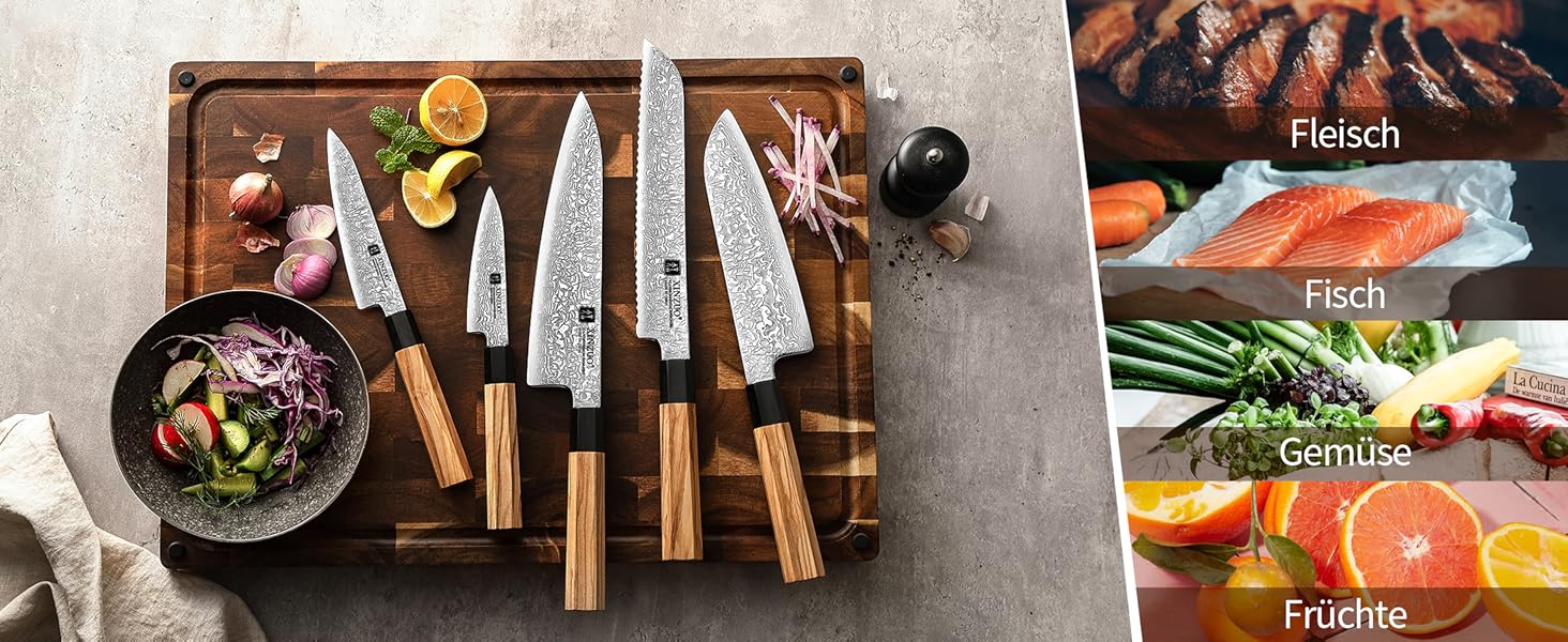 Японський ніж XINZUO Damaststahl Kiritsuke 21.5 см з нержавіючої сталі Дамаск, ніж шеф-кухаря Gyuto з ручкою з оливкового дерева та чорного рогу буйвола, з піхвою (набір з 5 ножів)