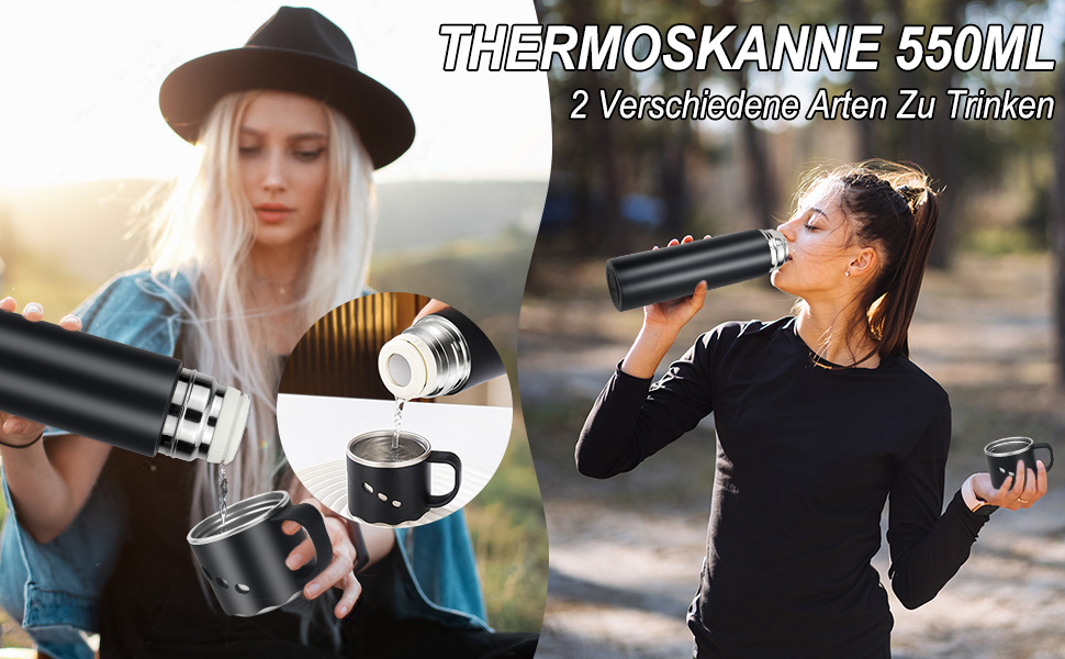 Термос із нержавіючої сталі 550 мл - термос-термокружка з чашкою та ручкою, вакуумний термос 12 годин гарячий / 12 годин холодний, нековзний термос для кави в дорогу для спорту, роботи, школи, автомобіля (Чорний)