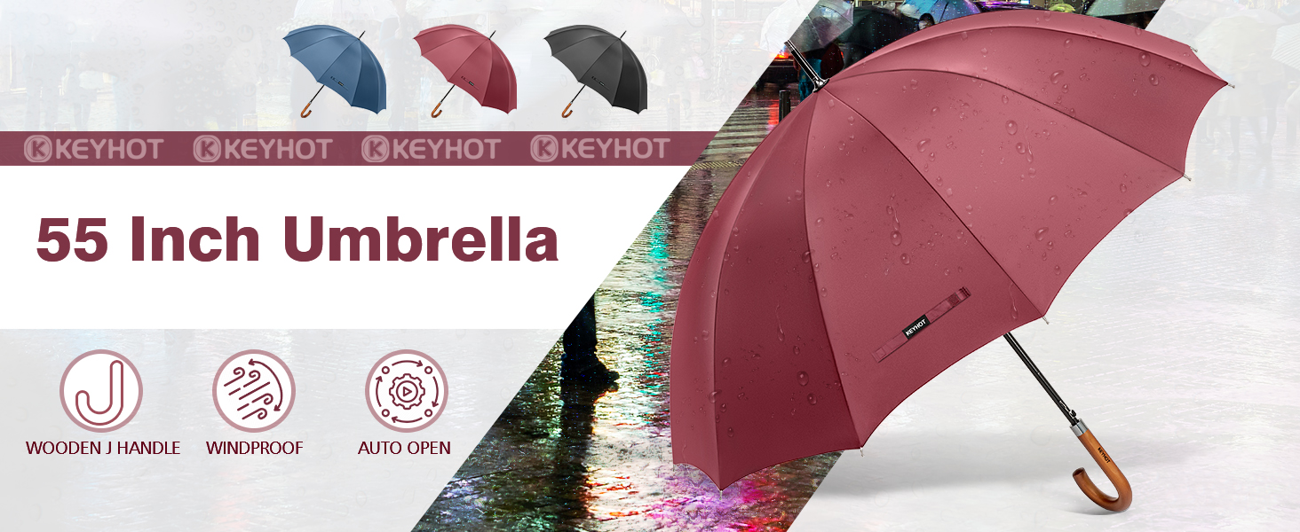 KEYHOT Windproof Umbrella - Large Stick Umbrella with Wooden Handle for Men & Women - 12 Ribs, XL - Burgundy, 118cm