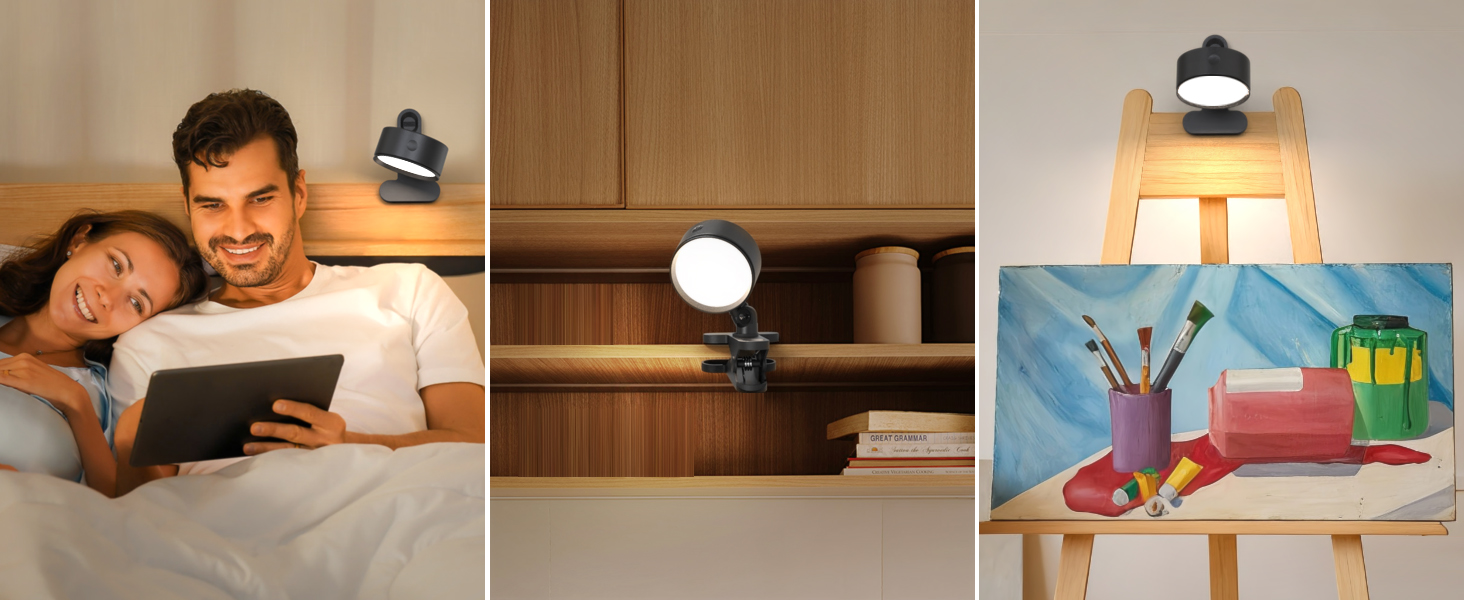 Нічник на ліжко акумуляторний бездротовий з USB-C, 5000mAh, з кліпсою, димуючий сенсорний пульт, 3 кольори, поворотний на 360°, для спальні, кемпінгу, чорний