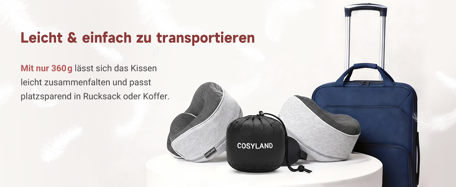 Подушка для подорожей COSYLAND з Memory Foam 360° - для літака та авто, з маскою для сну та берушами, сіра, ергономічна