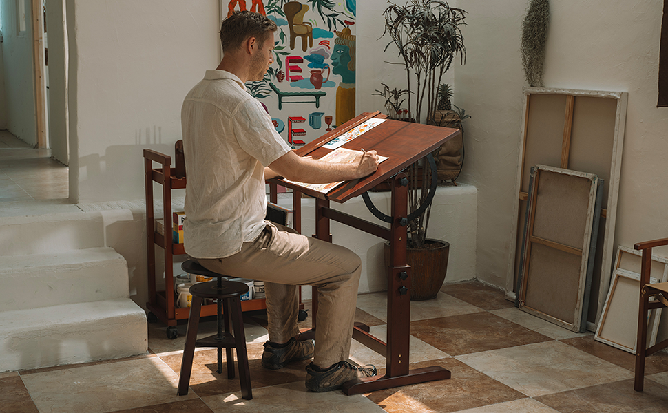 MEEDEN Vintage Wooden Art Drafting Table - Adjustable Height Drawing Desk for Artists, Crafting, Reading & Writing