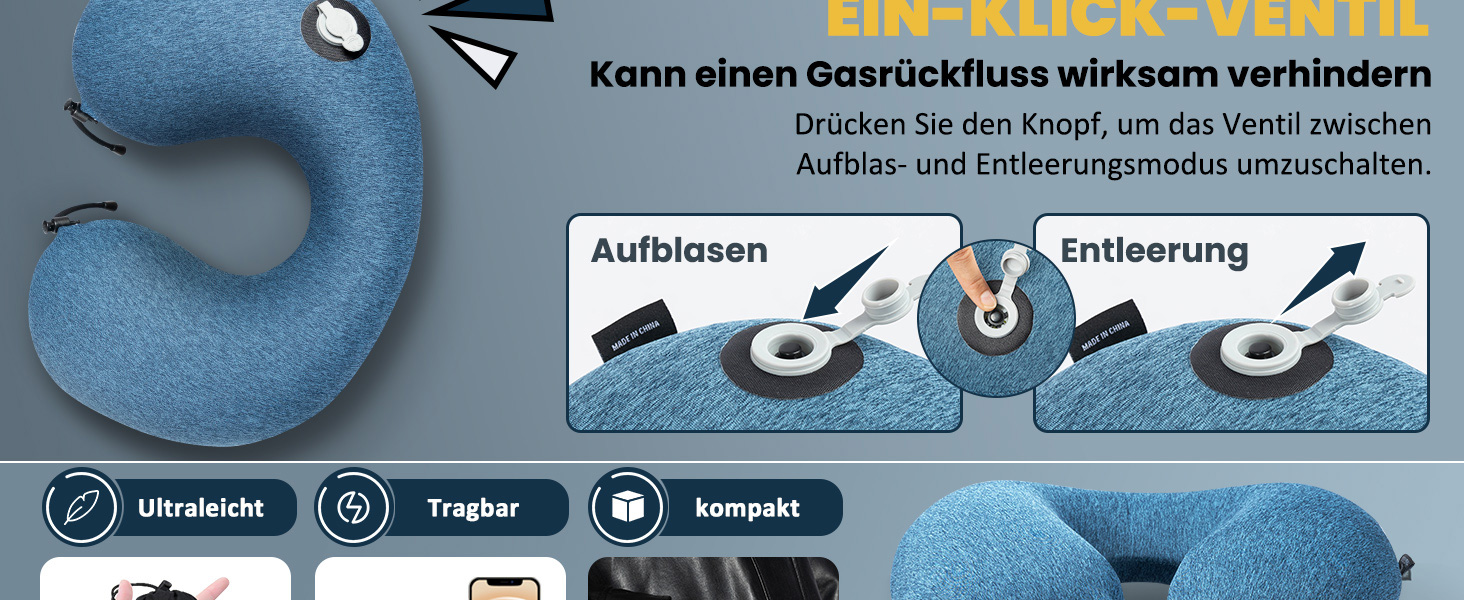 Подушка для шиї HIKENTURE надувна для подорожей літаком/поїздом з чохлом, синього/темно-синього кольору. Надувна подушка для шиї, зручна для дорослих.