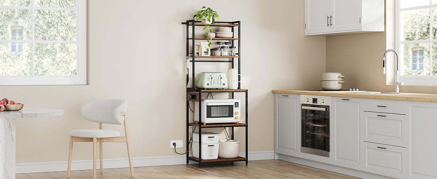 WOLTU Kitchen Shelf, Freestanding Shelf, Microwave Holder, Baker's Rack, Metal Shelf made of Wood and Steel, with 3 Shelves, approx. 60 x 40 x 82 cm, White + (Vintage Brown)
