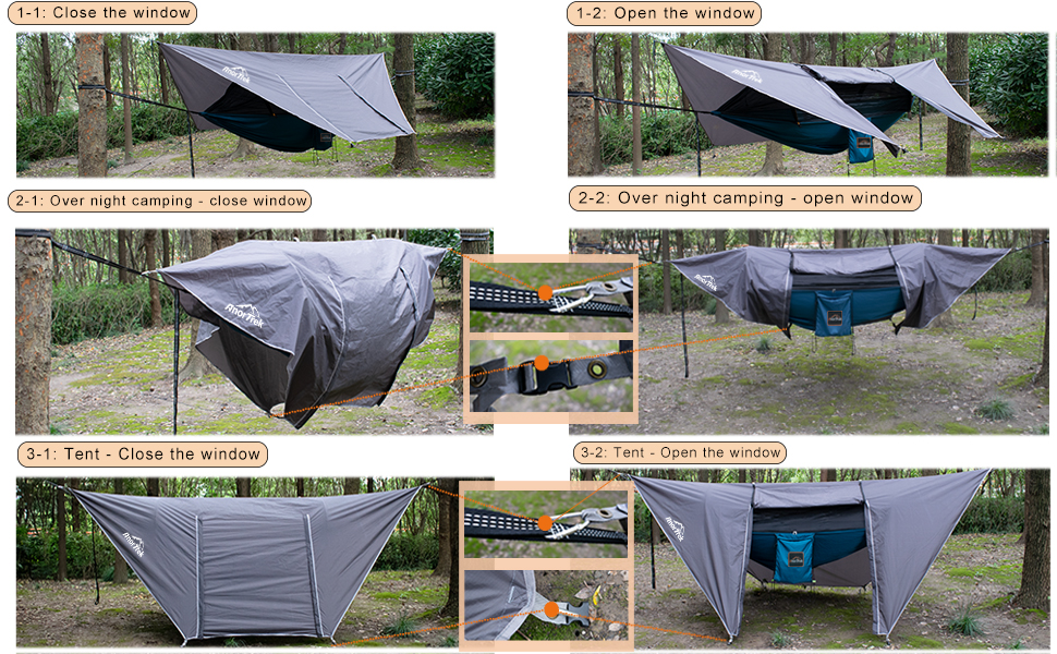 Гамак для кемпінгу з москітною сіткою та тентом від дощу, двомісний, 210T нейлон, водонепроникний комплект для піших прогулянок (зелений)