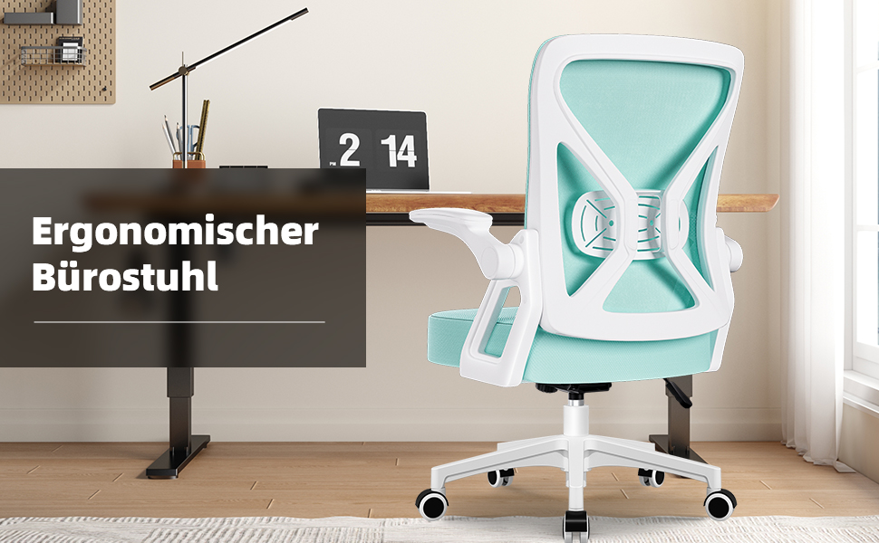 Ергономічне крісло для офісу, офісне крісло з відкидними підлокітниками, регульована поперекова підтримка, регульоване крісло для начальника, поворотне крісло, сітчасте крісло з функцією гойдання до 125° (Блакитно-зелене, без підголівника)