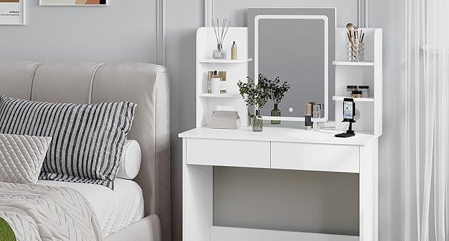 Туалетний столик WOLTU з LED-підсвіткою, регульованою яскравістю, 2 USB-портами, дзеркалом, 2 шухлядами та 4 відкритими полицями, білий, для макіяжу і спальні, модель MB6112ws з гірляндою