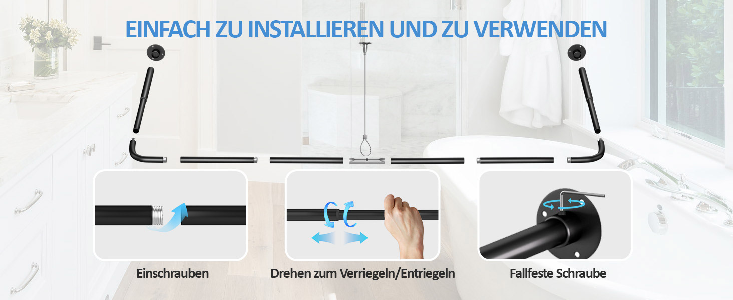 Регульована душова штанга U-подібної/L-подібної форми, 60-92 x 78-196 x 60-92 см, з 12 кільцями для шторки та підпоркою для стелі, чорна. Підходить для ванни/ванної кімнати. Потрібне свердловий монтаж.