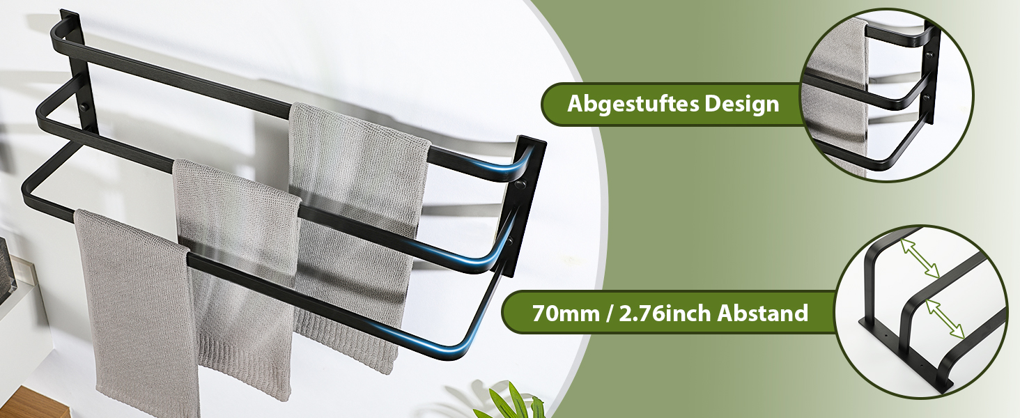 Тримач для рушників SAYAYO, чорний, 64 см, 3 стійки, для ванної кімнати та кухні