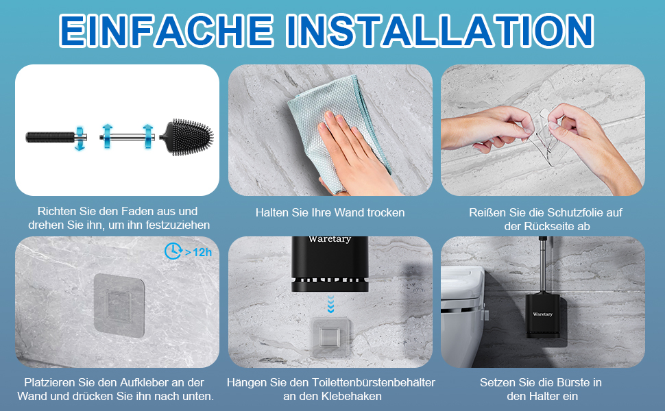 Щітка для унітазу Waretary з силіконовою щетиною та тримачем з нержавіючої сталі, гнучкий наконечник для глибокого очищення, швидковисихаюча, для кріплення на стіні або встановлення на підлогу, чорний