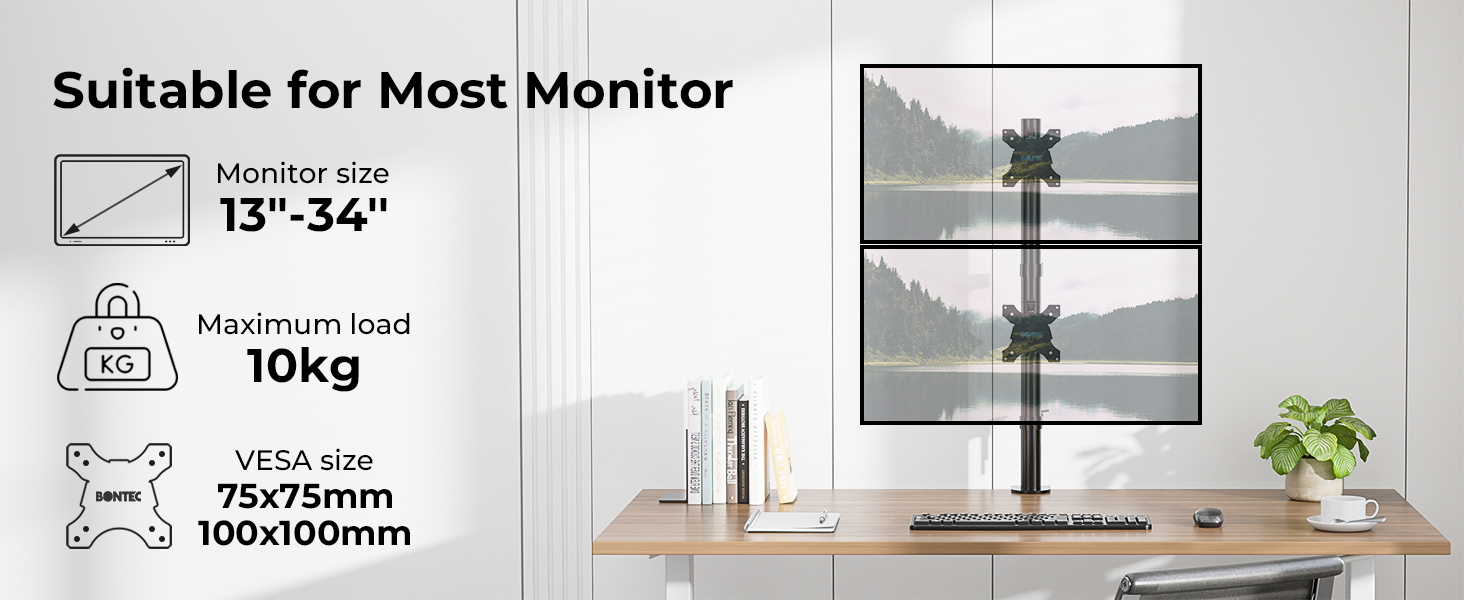 Кріплення для двох моніторів BONTEC, 13-34 дюйми, регулювання висоти, поворот, до 10 кг на монітор, VESA, кабель-менеджмент, кріплення на стіл, ергономічне для офісу та геймінгу