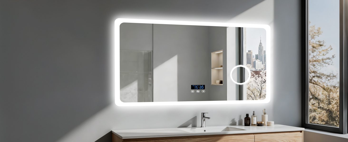 Дзеркало для ванної кімнати LUVODI з підсвічуванням 100x70 см: годинник, температура, дата, проти запотівання, регулювання яскравості, 3 кольори світла, функція пам'яті, LED, водонепроникність, збільшення 3x, Bluetooth
