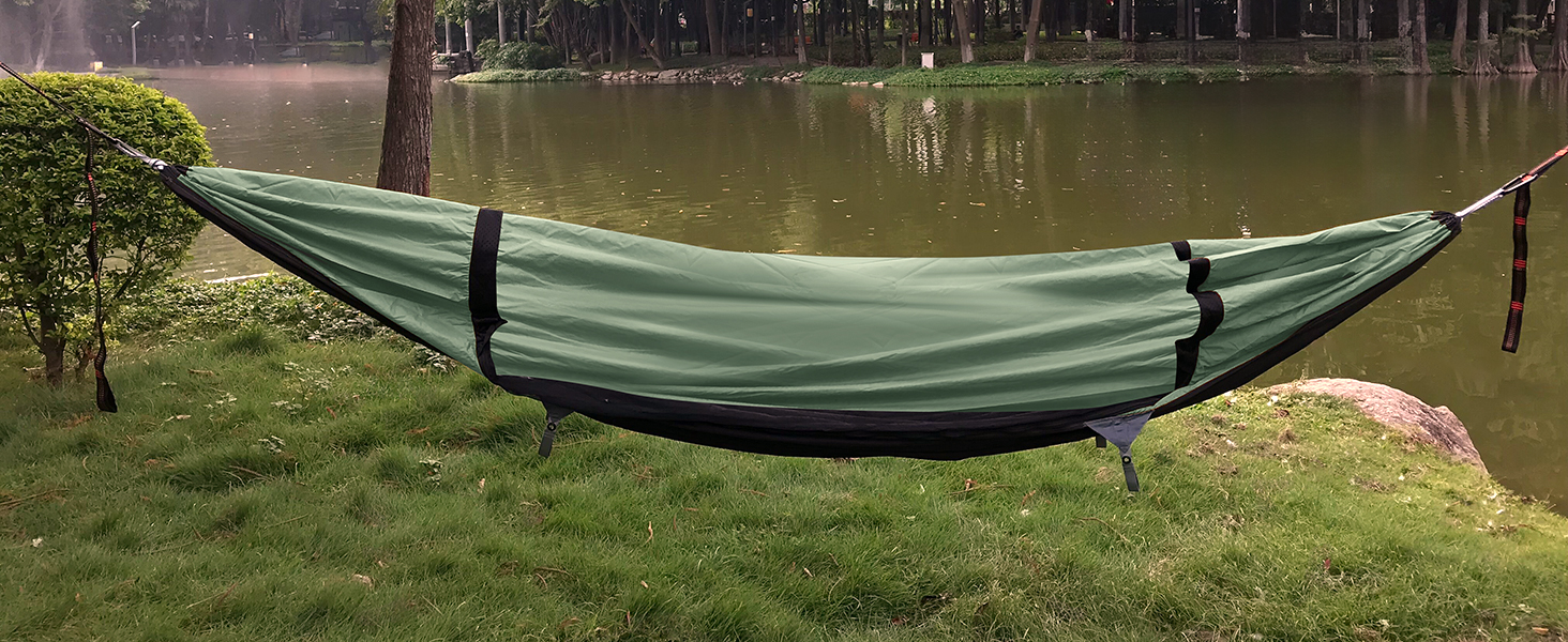 Гамак-намет для кемпінгу з москітною сіткою та сонцезахистом, 290x140 см, великий простір, багатофункціональний, легкий, з ременями для кріплення до дерева, підлоговий намет для відпочинку на природі, пішохідний туризм, зелений