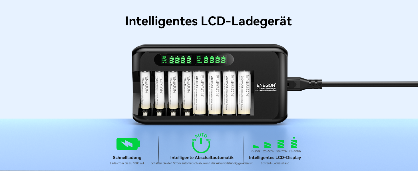 Зарядний пристрій ENEGON для акумуляторів NI-MH/NI-CD з LCD-дисплеєм, 8 слотів, AA/AAA
