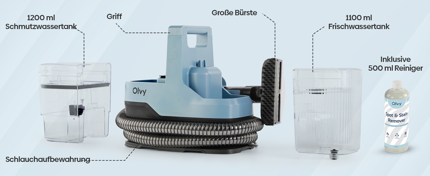 Olvy Teppichreiniger 2.0 - Потужний очищувач килимів з 17000 Па, шлангом 1.6м, кабелем 4м, функцією самоочищення та 500мл миючого засобу - для килимів, диванів, матраців та авто