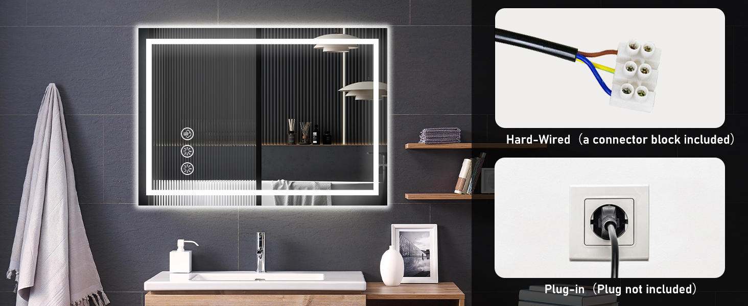 Дзеркало для ванної кімнати 50x70 см з LED-підсвічуванням, антизапарювання, диммування, 3 кольори світла