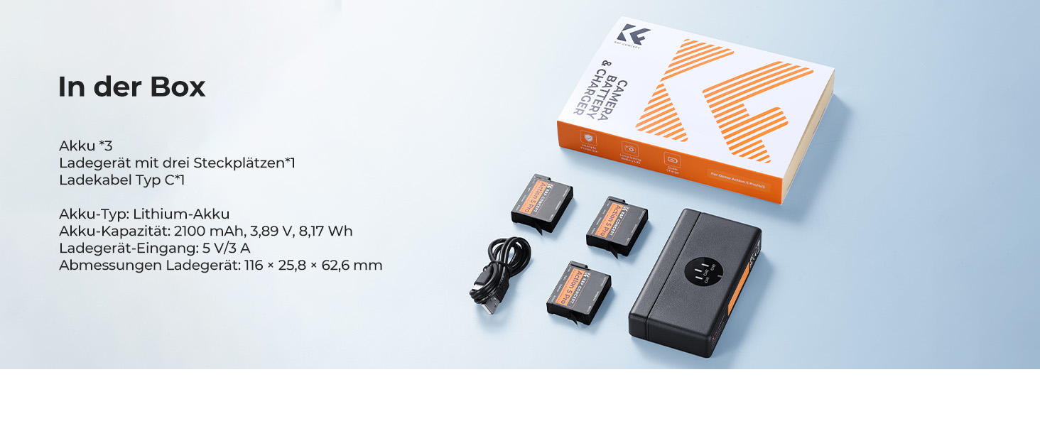 Набір акумуляторів K&F CONCEPT Osmo Action 5 Pro (3 шт.) з тризарядним пристроєм, 2100 mAh, сумісний з DJI Osmo Action 5 Pro, 360, 6, 4, 3