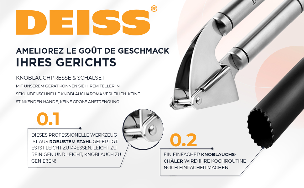 Набір для часнику Deiss PRO: прес-часникодавна та силіконова очищувачка з нержавіючої сталі, придатна для посудомийної машини
