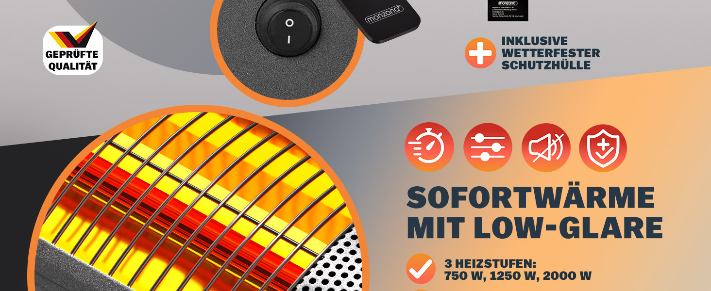 Інфрачервовий обігрівач MONZANA® MZH2000 Goldröhre 2000W з пультом керування, 3 режими, кут нахилу 90°, для тераси та вулиці