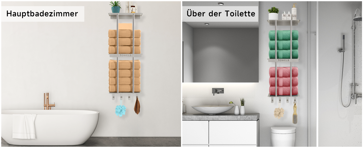 Трирівнева підставка для рушників з металевою полицею та 4 гачками, 86 см, срібна | Підставка для рушників для ванної кімнати