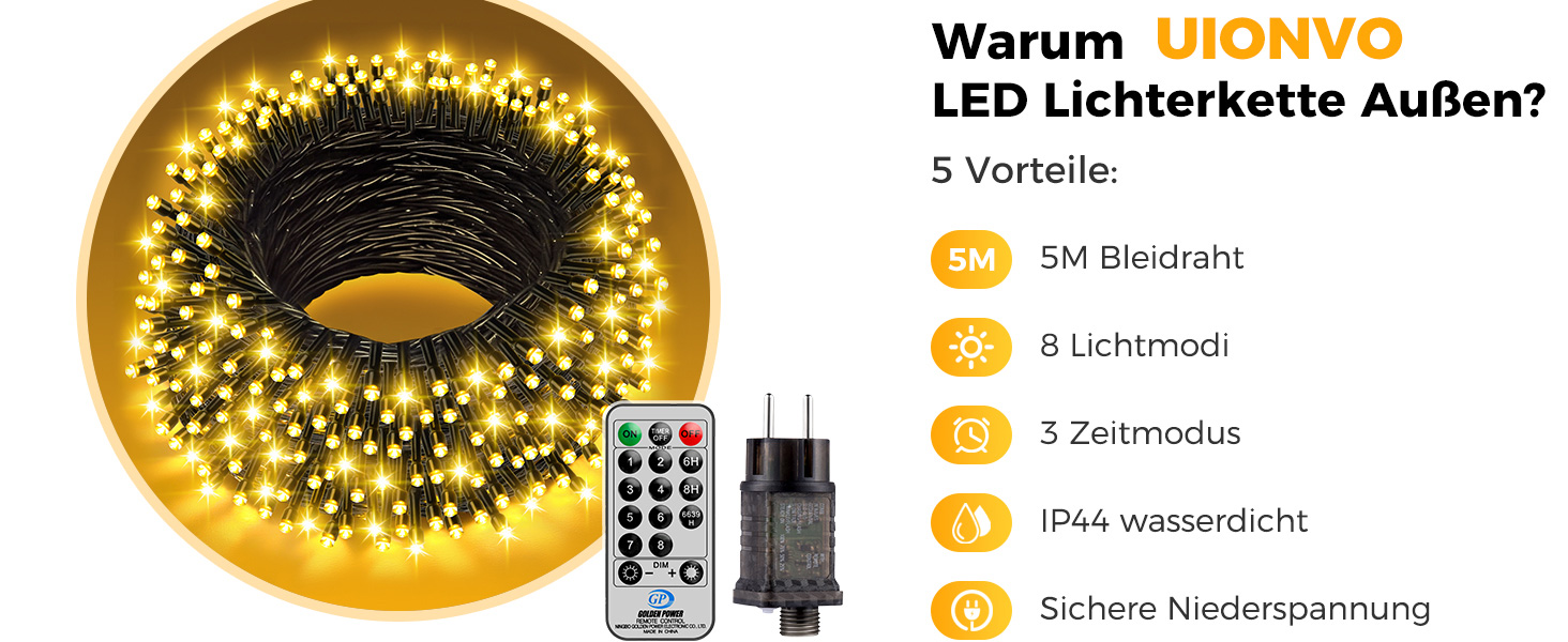 Гірлянда світлодіодна для прикраси ялинки та інтер'єру, 25м, 250 LED, тепле біле світло, 8 режимів, пульт, таймер, IP44, для дому та саду