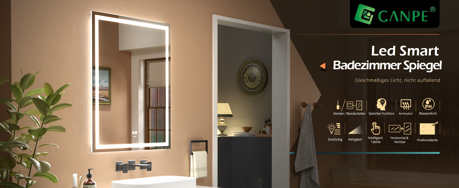 Дзеркало для ванної кімнати LED з підсвічуванням, туалетне дзеркало настінне, 6500K, антитуманне, водонепроникне IP44, вертикальне/горизонтальне (70 x 50 см)