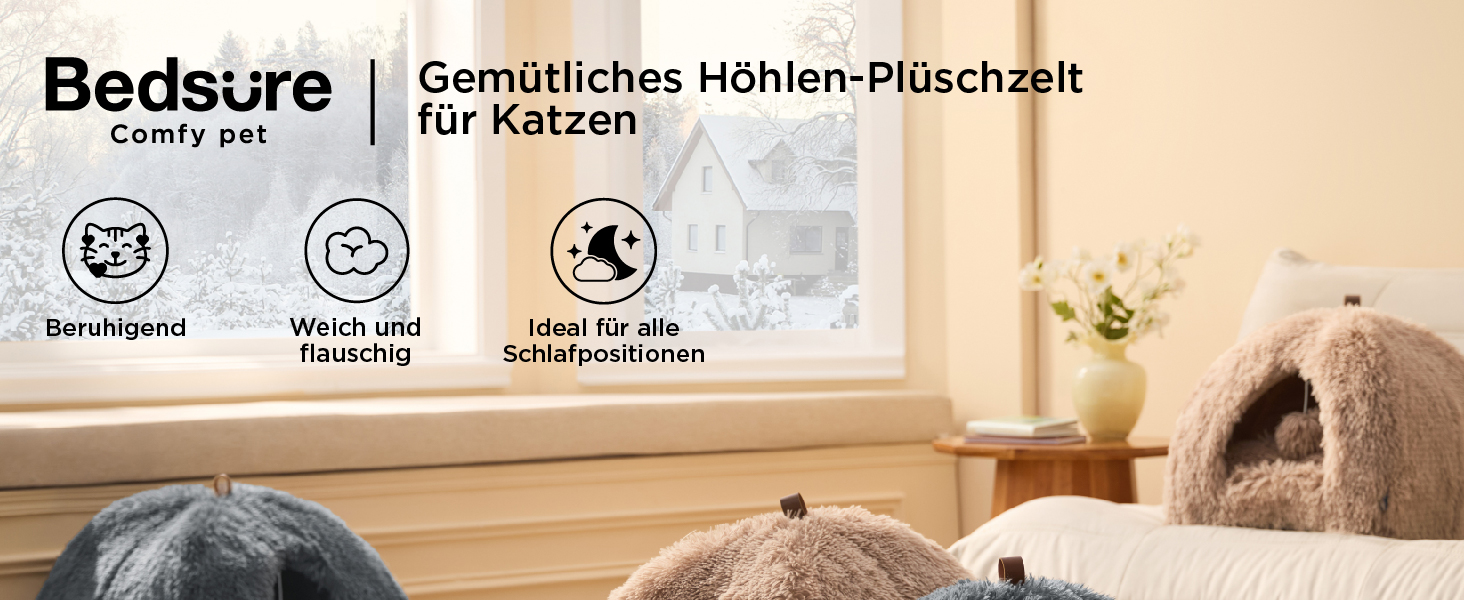 Ліжко для котів BEDSURE велике, 44x44x44 см, сіре. З м'якою подушкою та іграшкою. Легко миється. Внутрішній будиночок для кота.