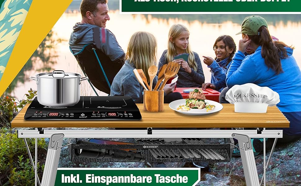 Складний кемпінговий стіл KESSER® 120x70 см з алюмінієвим каркасом та дерев'яною текстурою, до 100 кг, з сумкою для транспортування