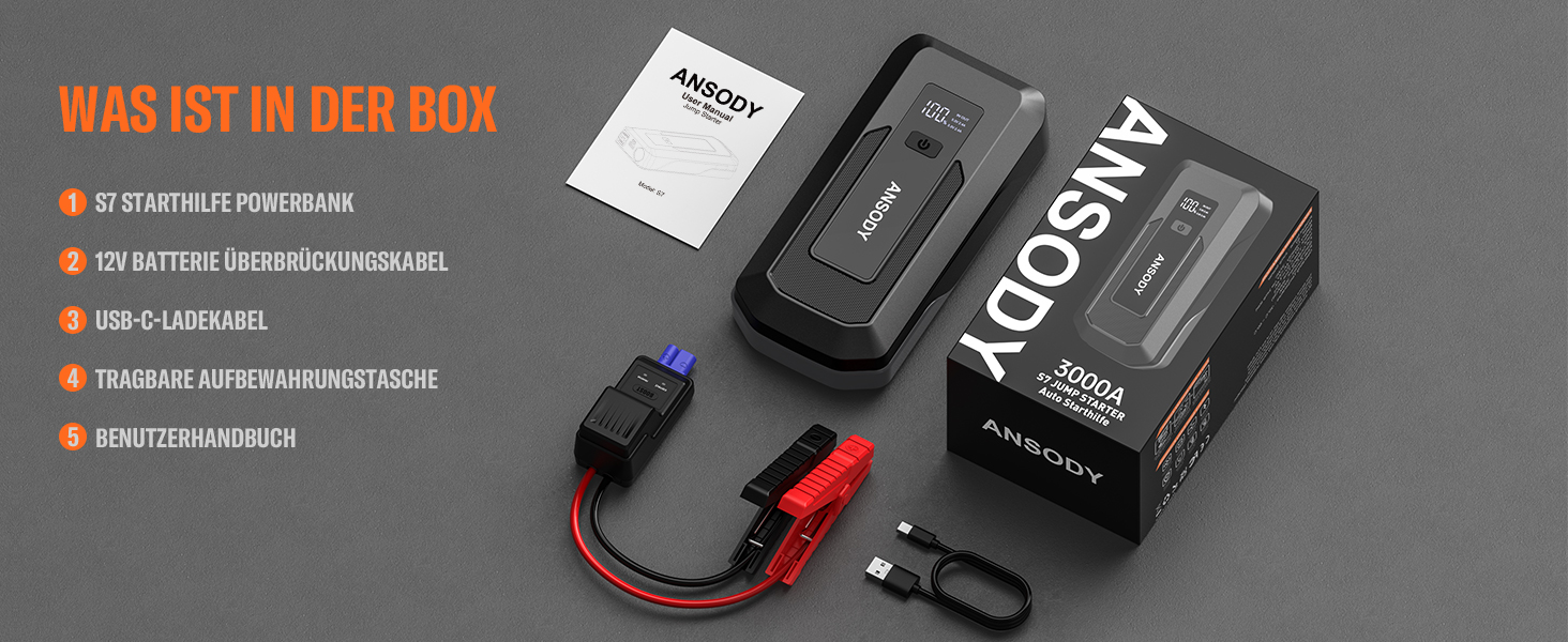 Powerbank для авто 12V Starthilfe 3000A: пусковий пристрій з LED, для бензину/дизеля (10/8L), сірий